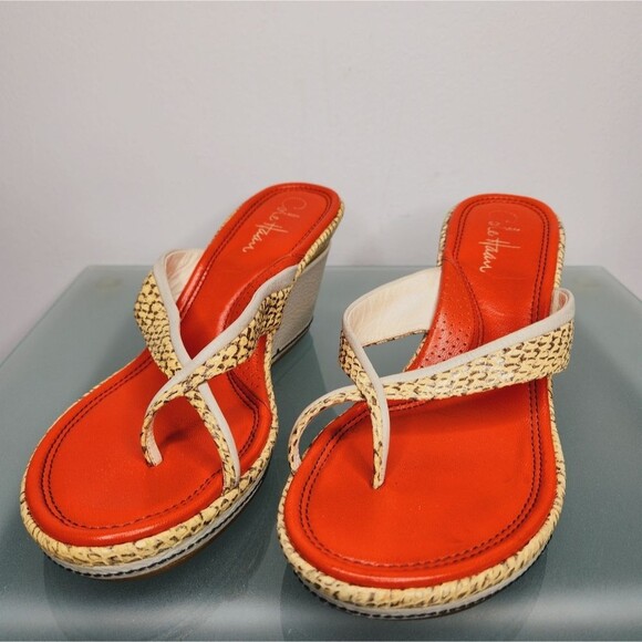 Cole Haan Orange and Cream Wedge Sandals - Picture 2 of 9